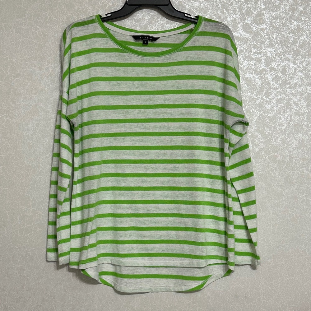 Kiara Apple Green & White Striped Long Sleeve Top Lightweight Knit Shirt‎ Sz L